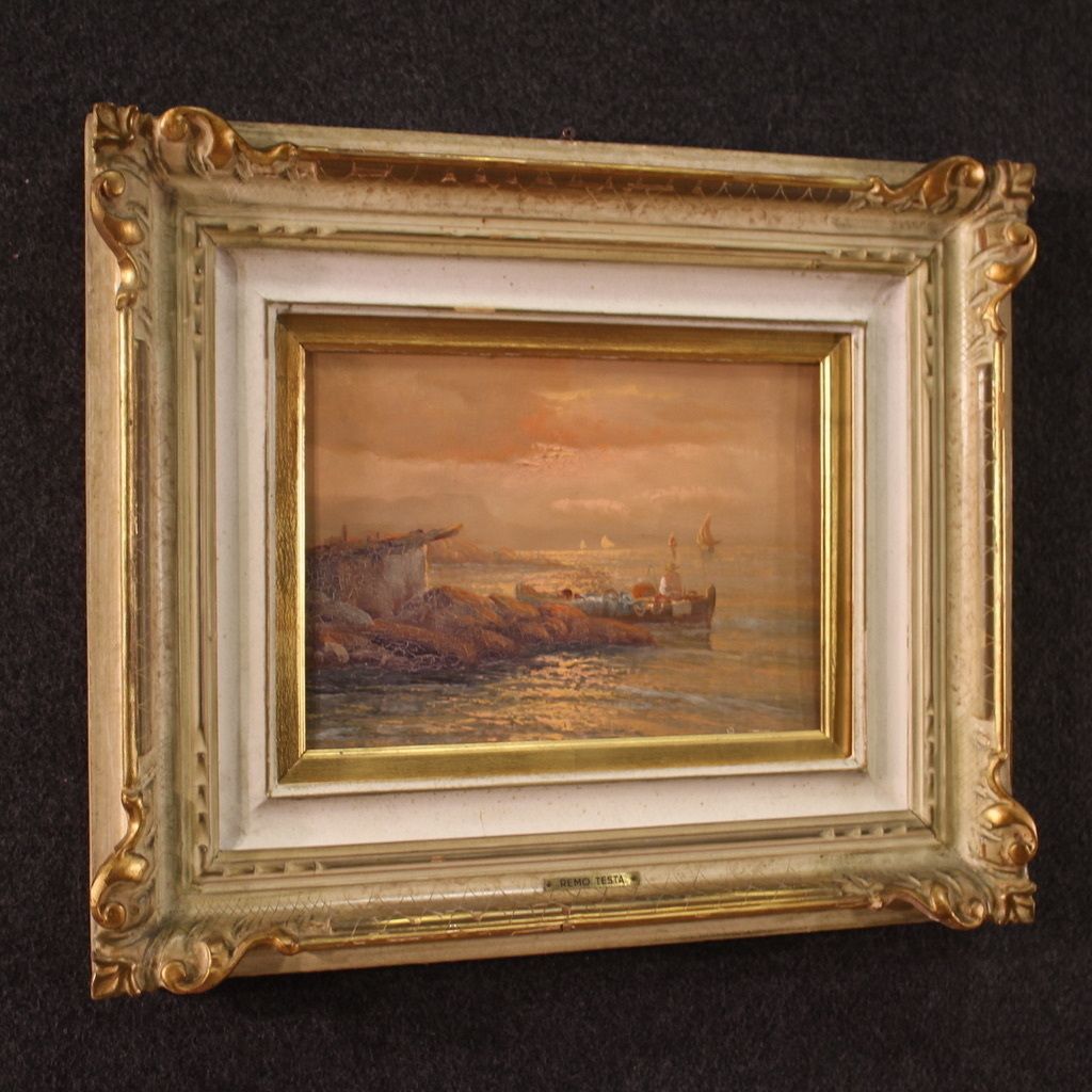 photo furniture Painting Signed Remo Testa, Fishermen At Sunset