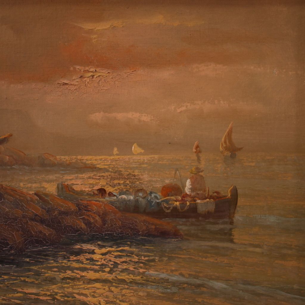 600.0 Painting Signed Remo Testa, Fishermen At Sunset photo