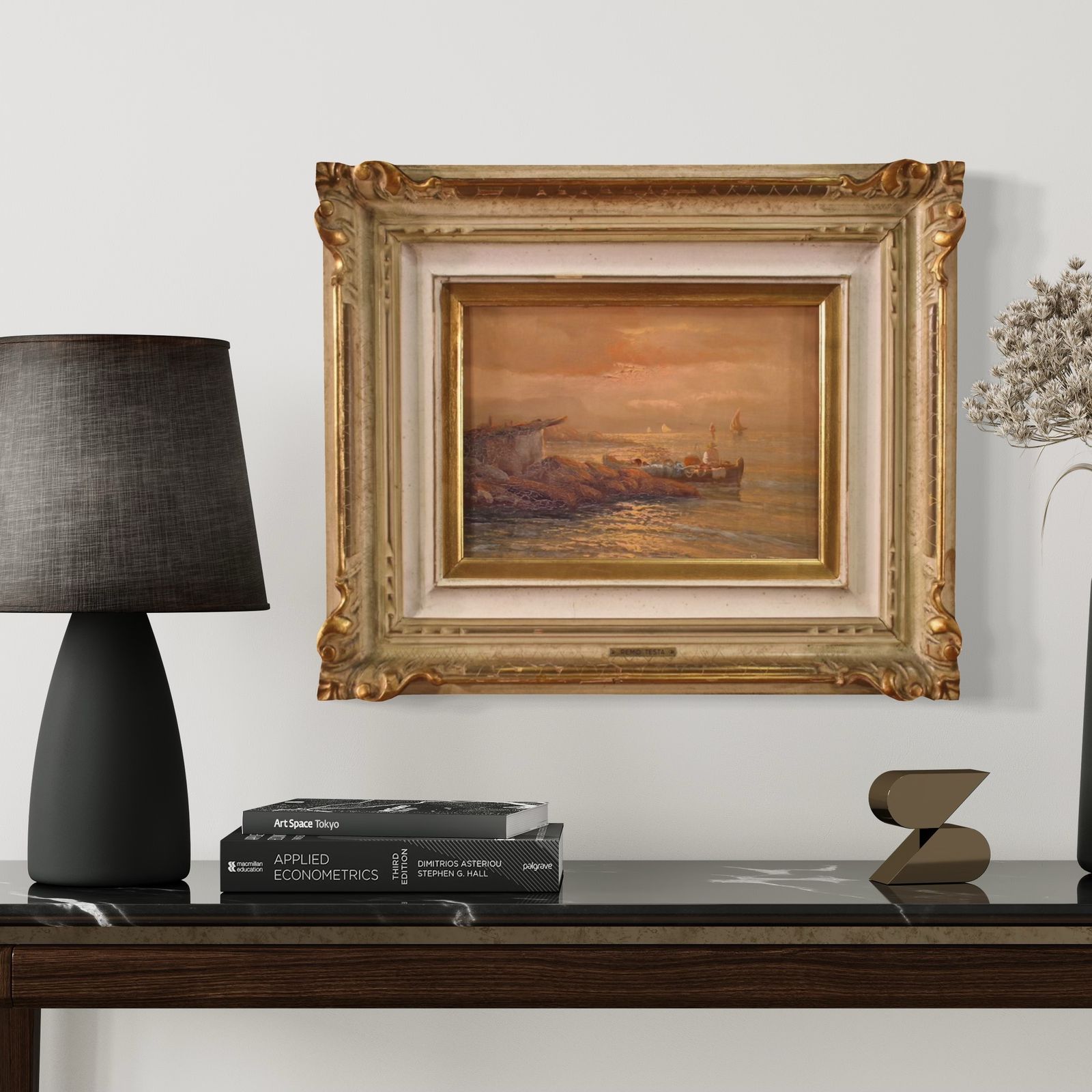 Painting Signed Remo Testa, Fishermen At Sunset