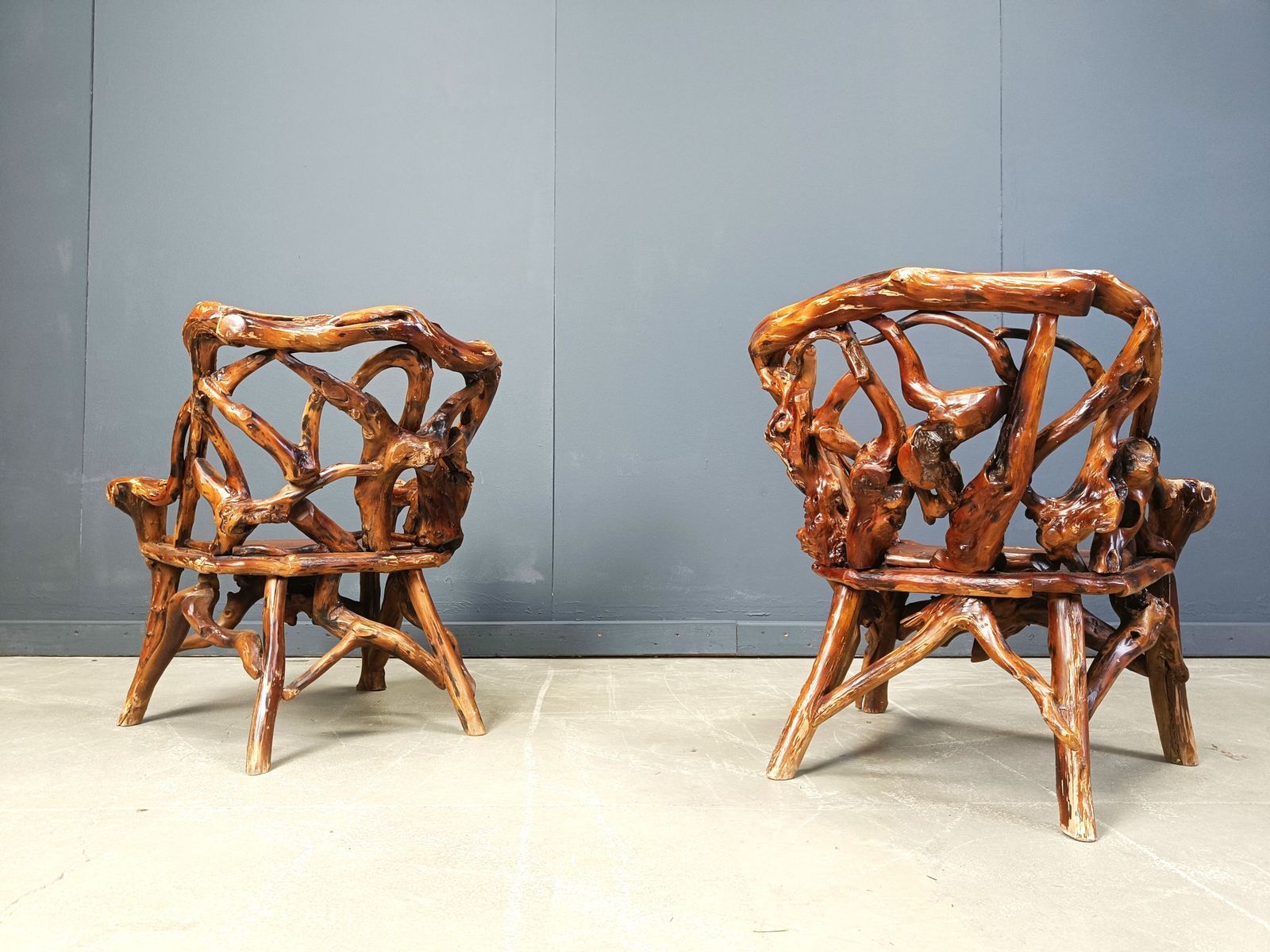 Rustic Wood And Knotted Root Armchairs, Set Of 4   1960s photo Furniture