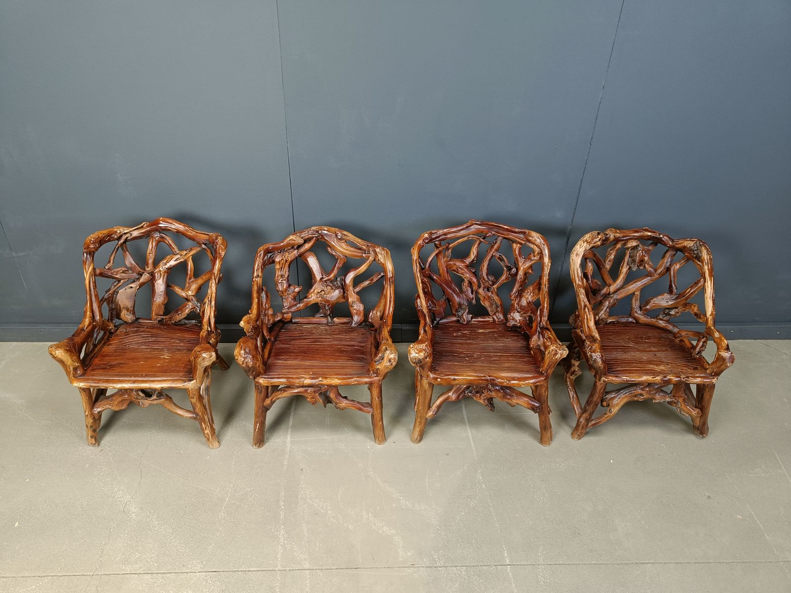 Rustic Wood And Knotted Root Armchairs, Set Of 4   1960s photo vinterior