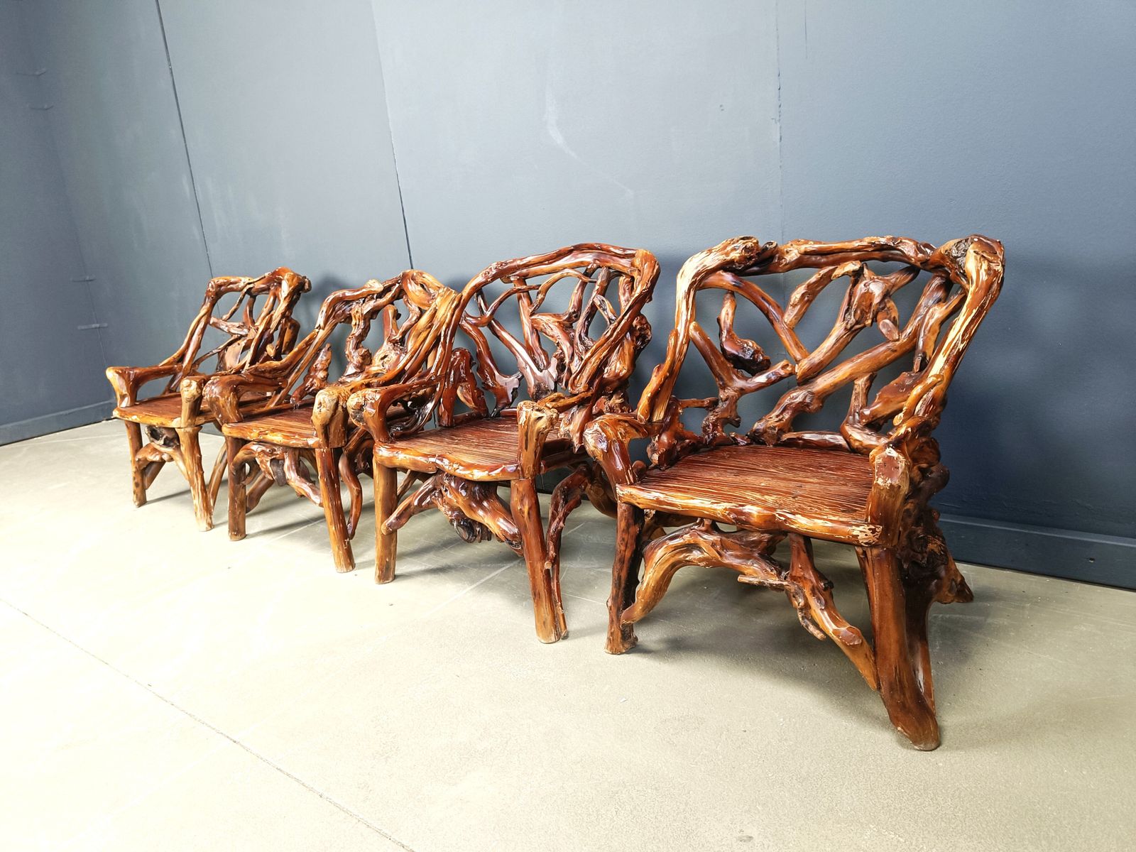 Rustic Wood And Knotted Root Armchairs, Set Of 4   1960s photo buy