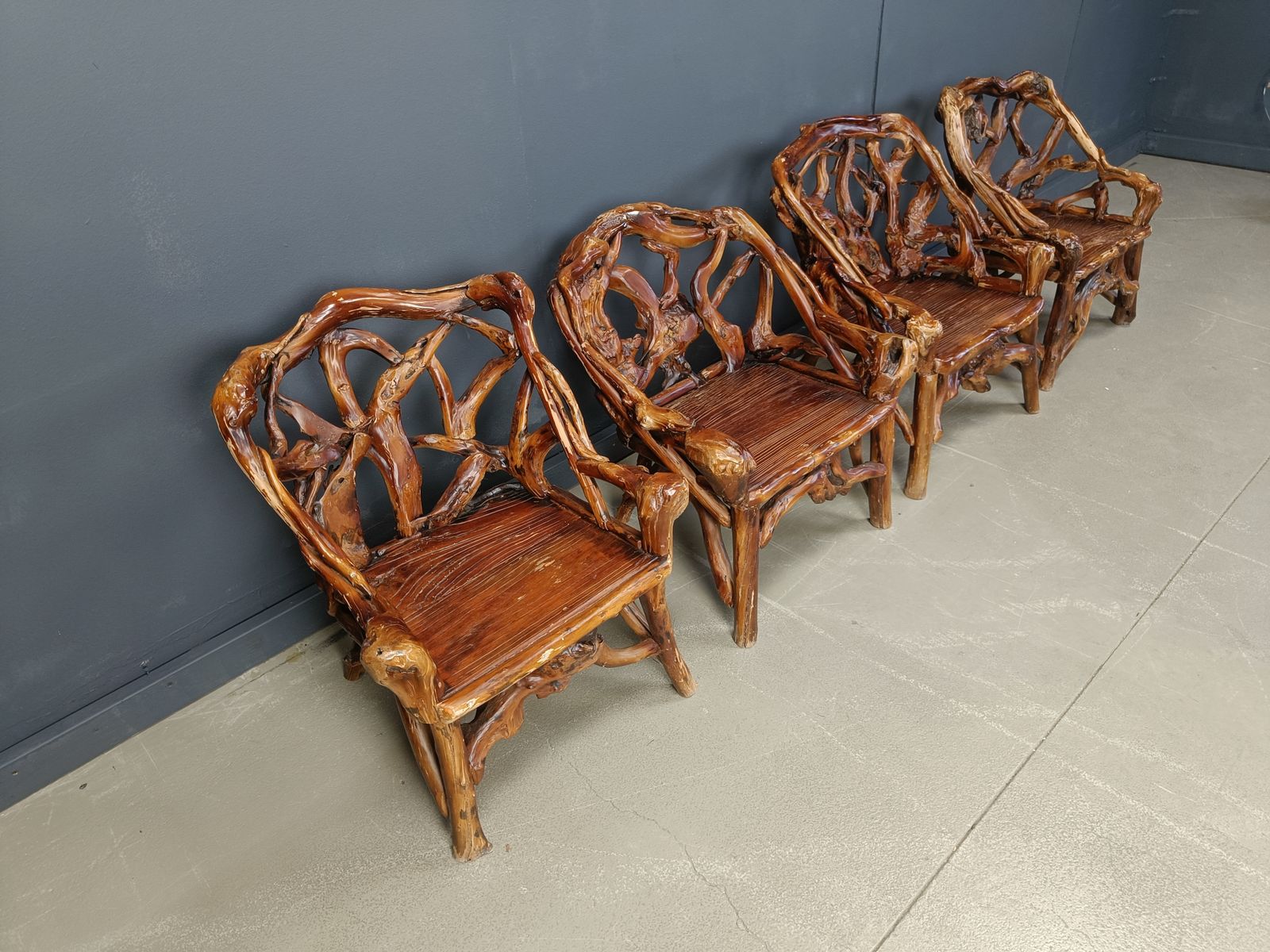 photo furniture Rustic Wood And Knotted Root Armchairs, Set Of 4   1960s
