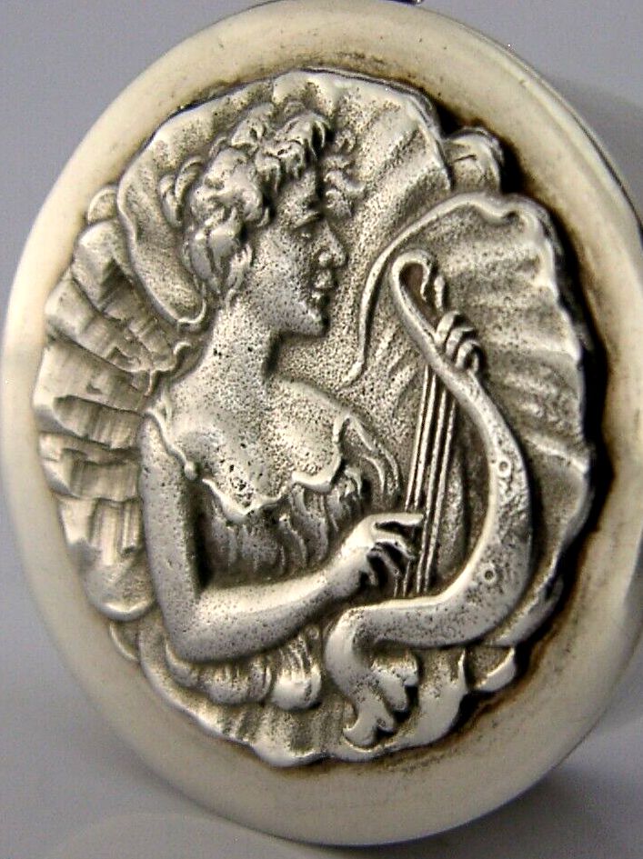 Pretty English Sterling Silver Maiden Pill Box 1979 Art Nouveau Style photo for sale