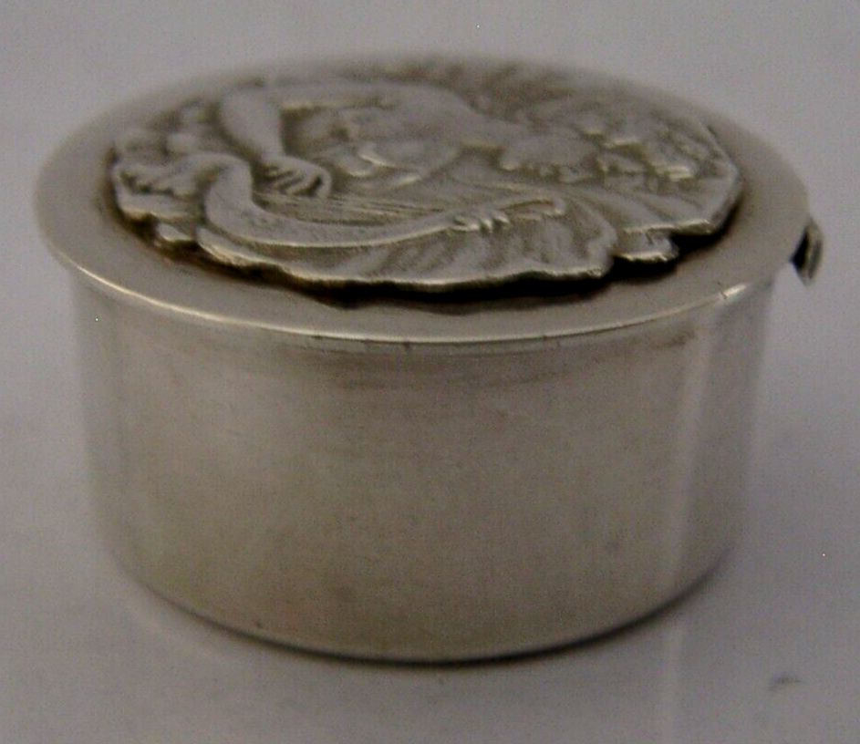 Pretty English Sterling Silver Maiden Pill Box 1979 Art Nouveau Style photo buy