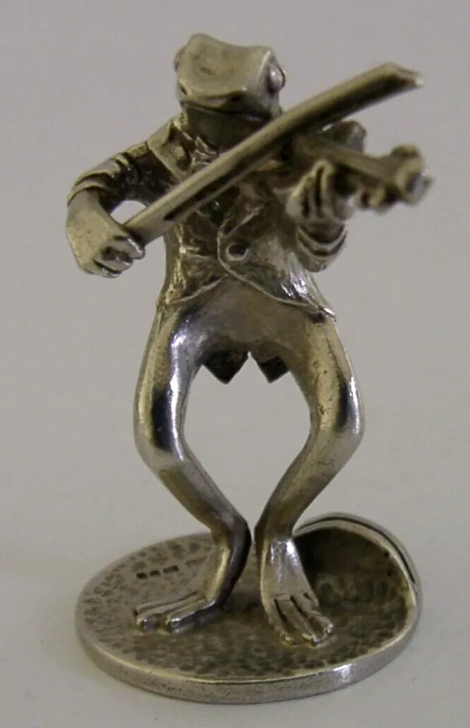 Sterling Silver Animal Frog Playing Violin Menu Holder London 1989 Novelty photo for sale