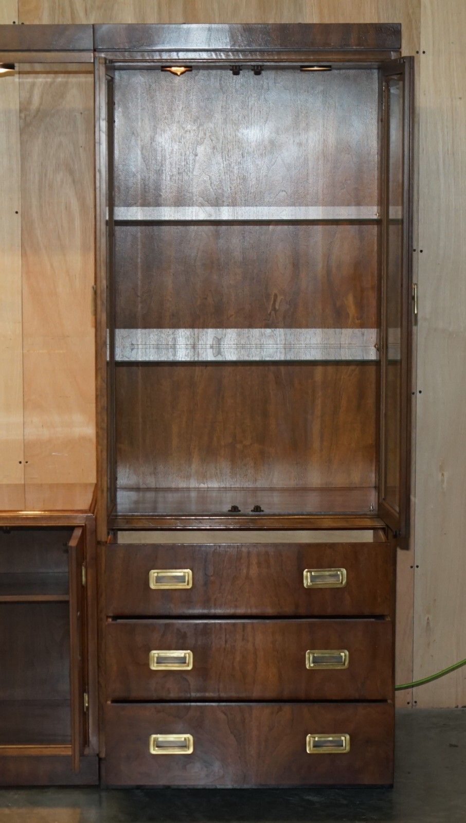 photo buy Drexel Heritage 3 Piece Military Campaign Bookcase Display Tv Cabinet Inc Lights
