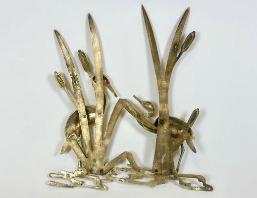 Mid Century Modern Brass Wall Sculpture With Crane Birds In Reeds, 1960s photo for sale
