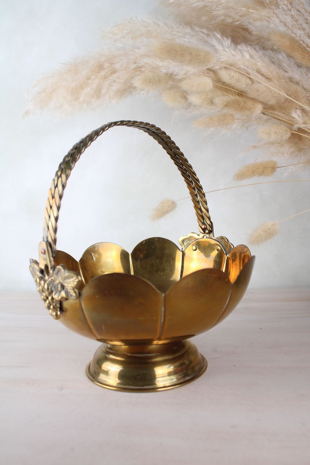 Brass Vintage Scalloped Edge Basket With Handle photo Home Decor