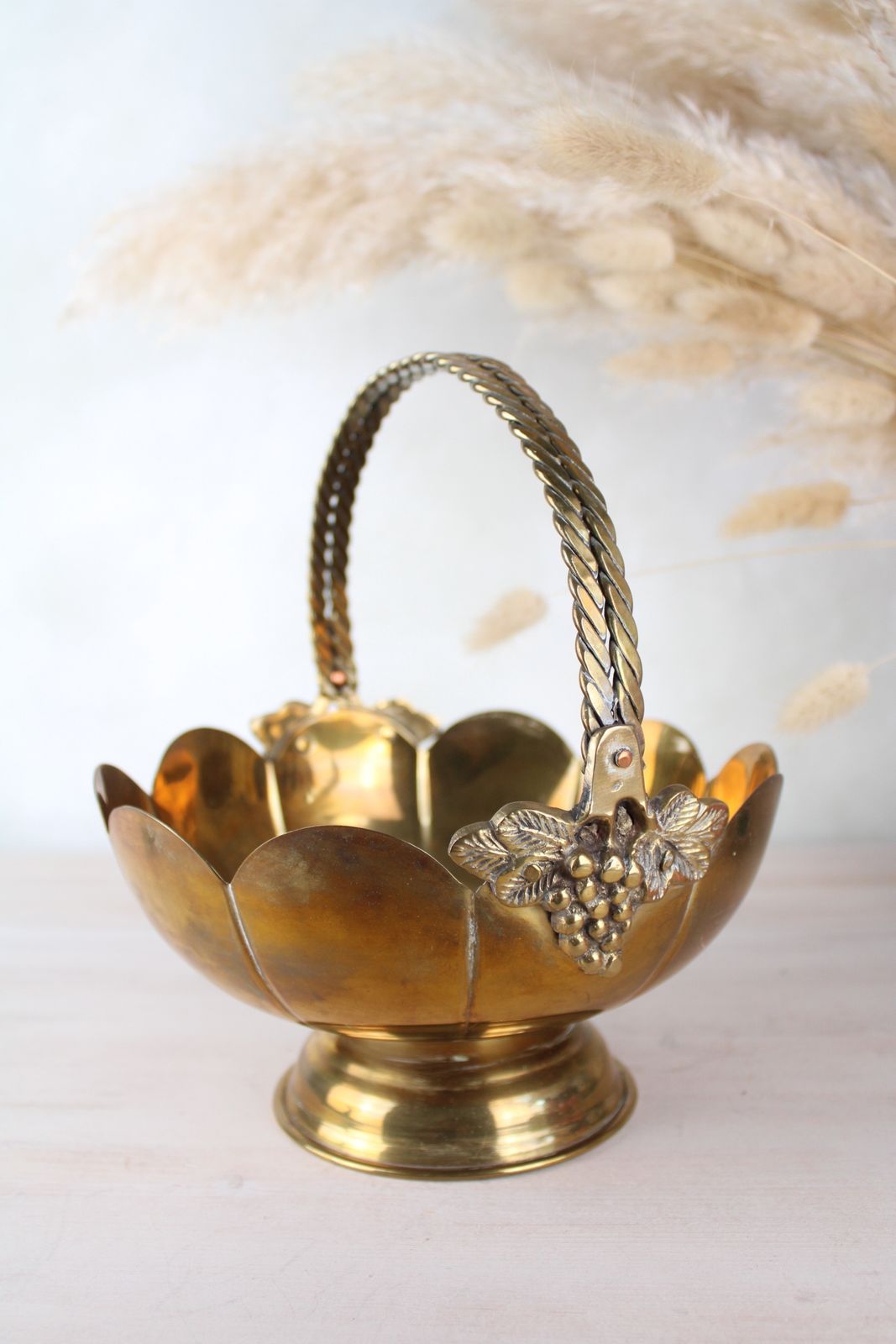 Brass Vintage Scalloped Edge Basket With Handle photo 65.0