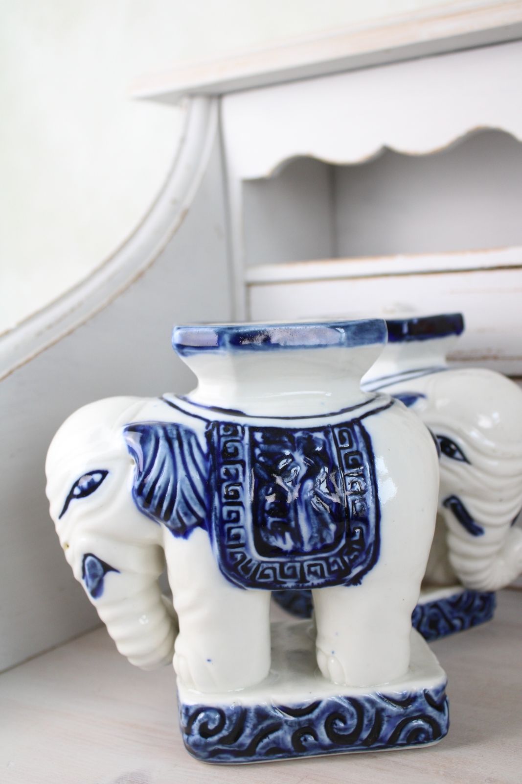 Pair Of Blue And White Ceramic Elephant Plant Stands photo vinterior