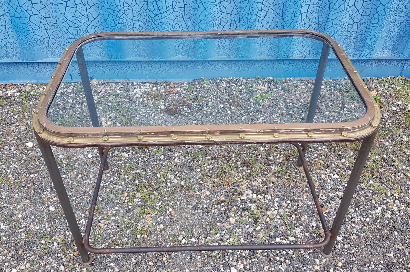 Table With Old Brass Ship's Porthole With Iron Base / 110 X 70 X 76 Cm photo for sale