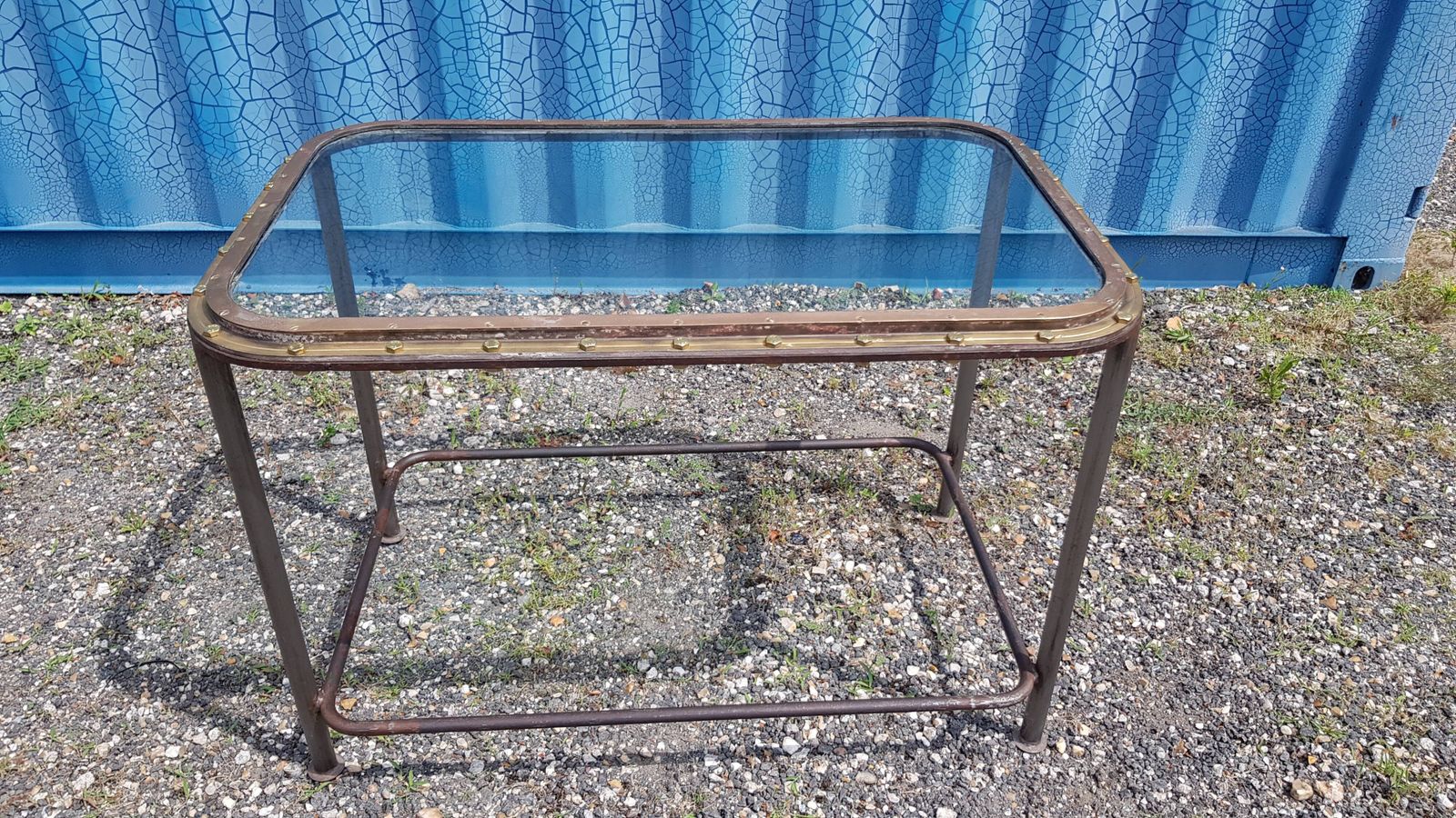 Table With Old Brass Ship's Porthole With Iron Base / 110 X 70 X 76 Cm photo vintage