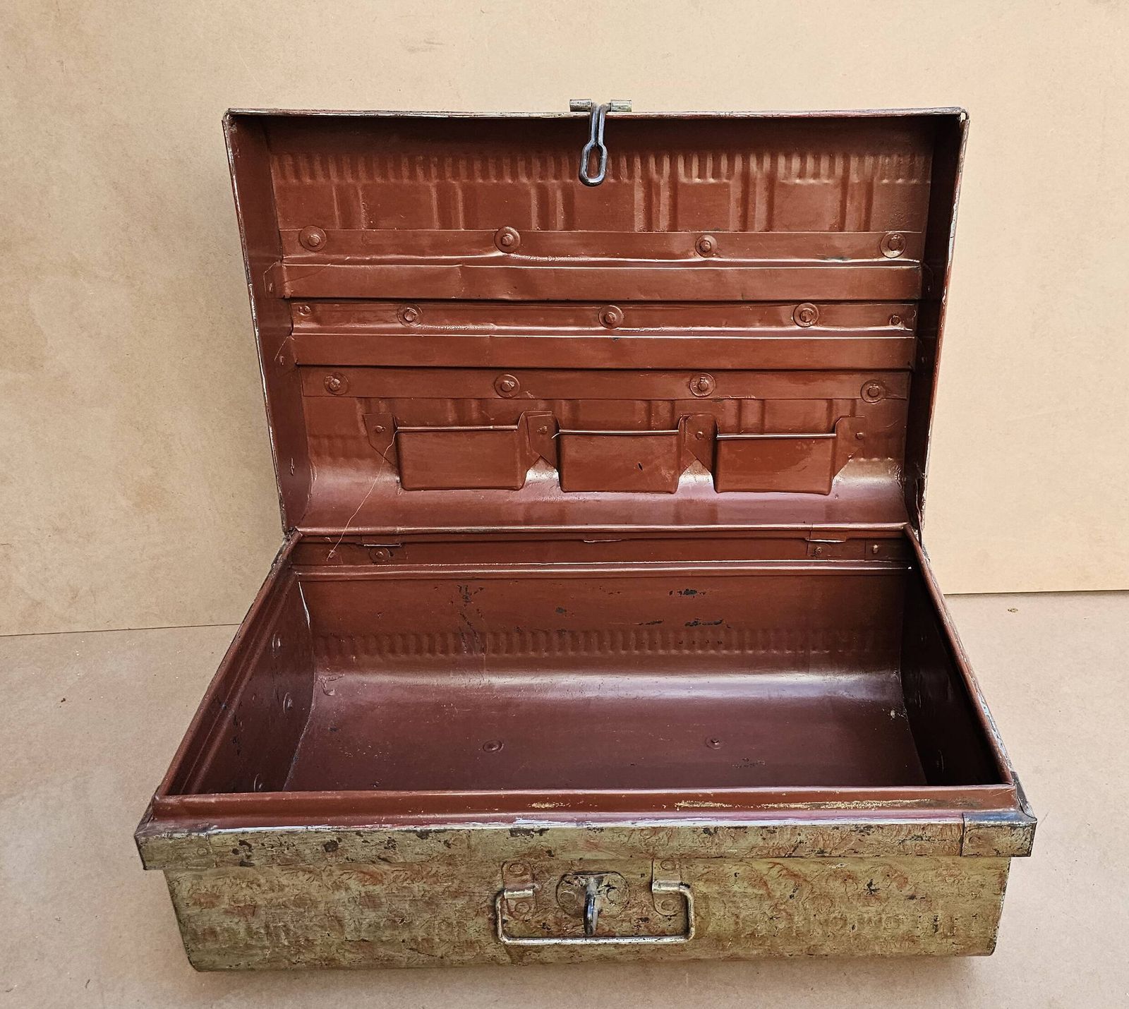 Furniture Old Metal And Brass Travel Trunk From The Indian Railway photo