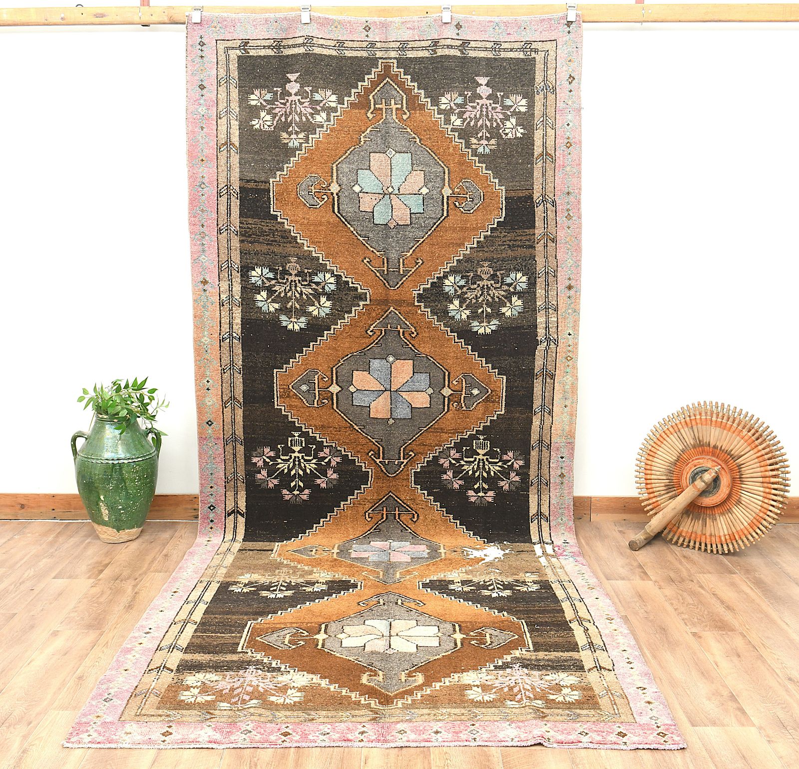 5'1x11'7 Ft, Vintage Turkish Wide Runner, Handmade, Soft Wool, Stair Rugs, Hallway Carpet, Woven Oushak Rug, Brown Orange Tones