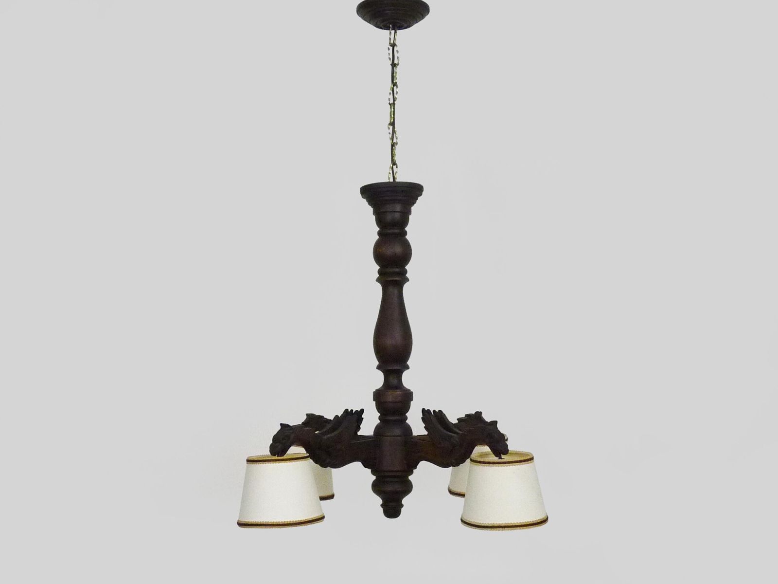 Antique 1950s Hand Carved Wooden Dragon Chandelier With 4 Lights