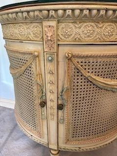 Vintage Louis XVI Revival Demi Lune Cane Cabinet With Glass Top