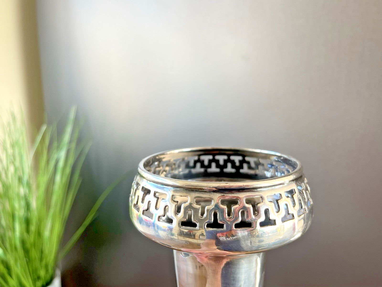 photo for sale Pair Of Art Deco Walker & Hall Silver Plated Geometric Mantel Flower Vases Urns