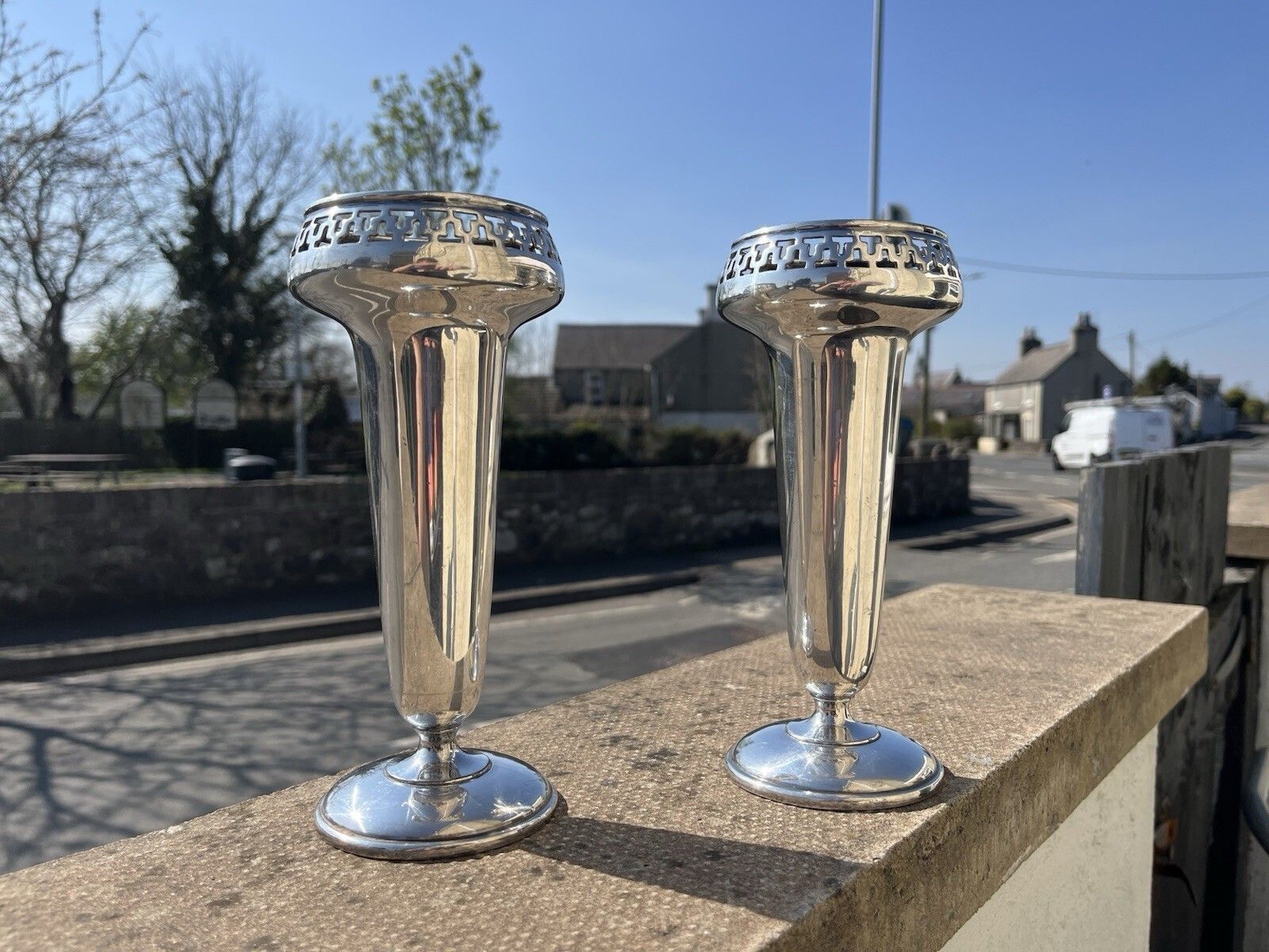 photo buy Pair Of Art Deco Walker & Hall Silver Plated Geometric Mantel Flower Vases Urns