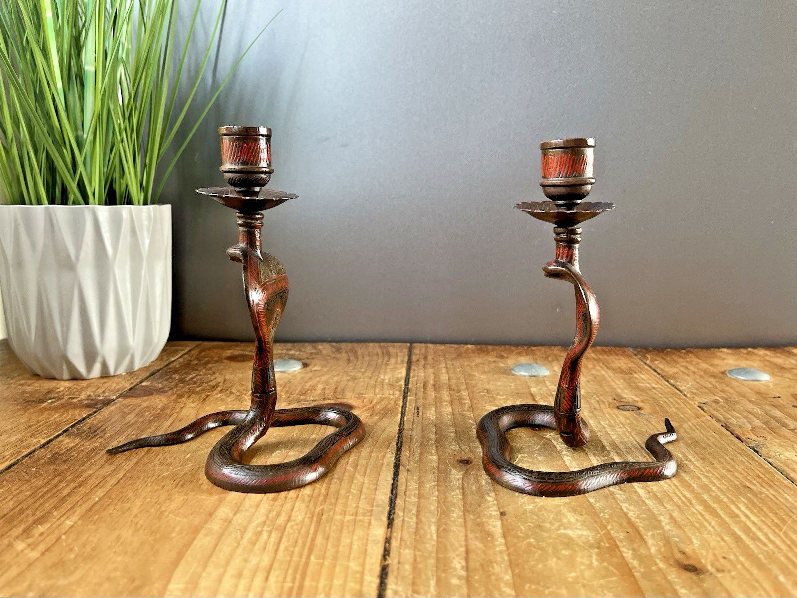 Pair Of Vintage Indian Brass Enamel Paint Cobra Snake Candlesticks Candle Holder photo buy