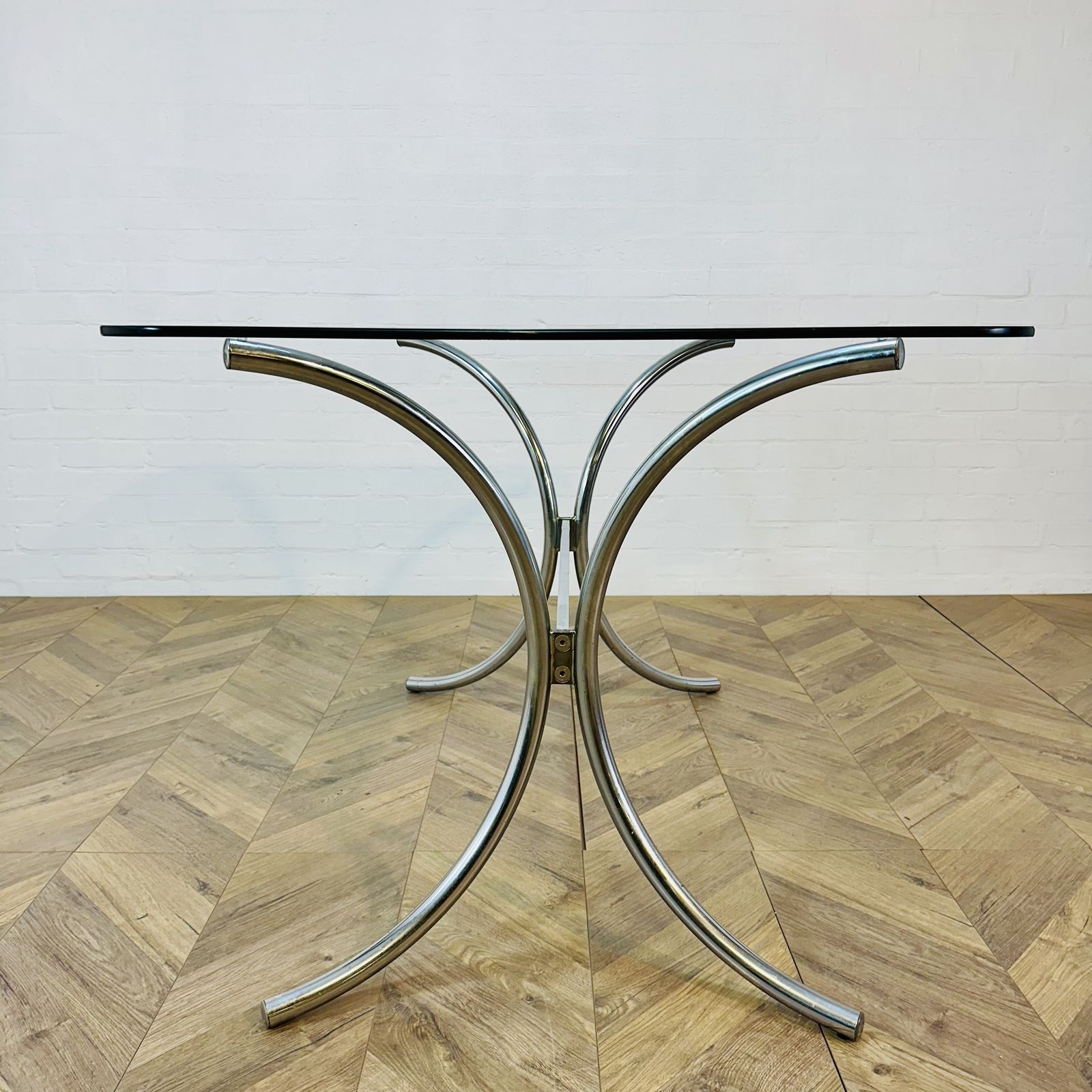 895.0 Vintage Gastone Rinaldi Chrome Chairs + Glass Table, Circa 1970s photo