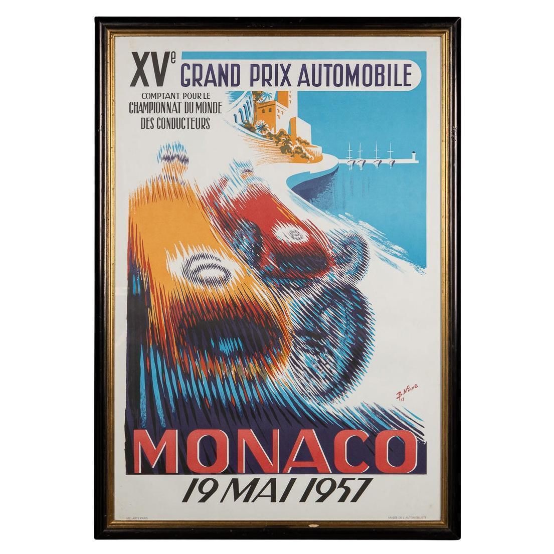 Vintage 20thc Framed 1957 Monaco Grand Prix Poster By Bernard Minne C.1985