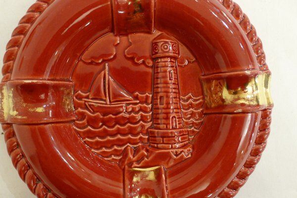 Buoy Ashtray In Red Earthenware And Gilding With Marine Decoration From Verceram, France 1950s 1960s photo for sale