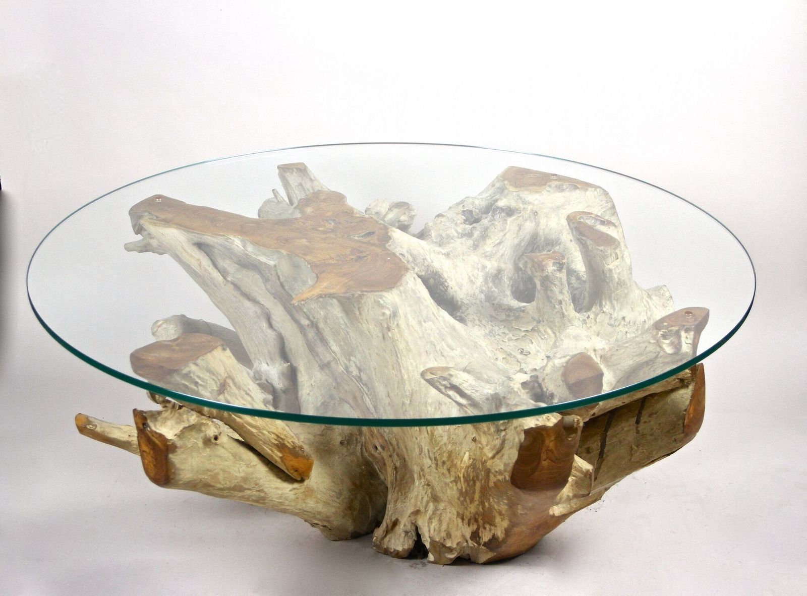 21st Century Round Teak Root Coffee Table With Glass, Organic Modern, 2024 photo Furniture