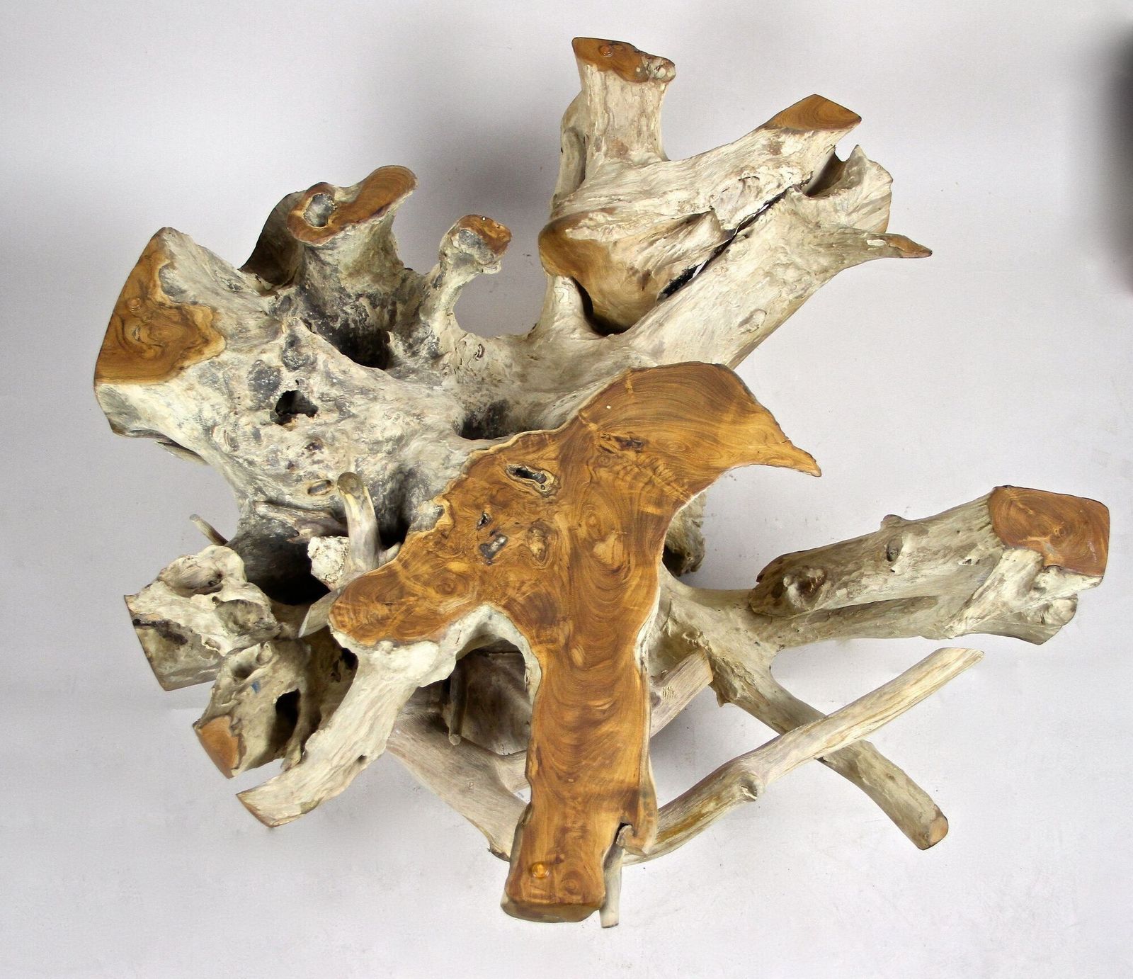 Furniture 21st Century Round Teak Root Coffee Table With Glass, Organic Modern, 2024 photo