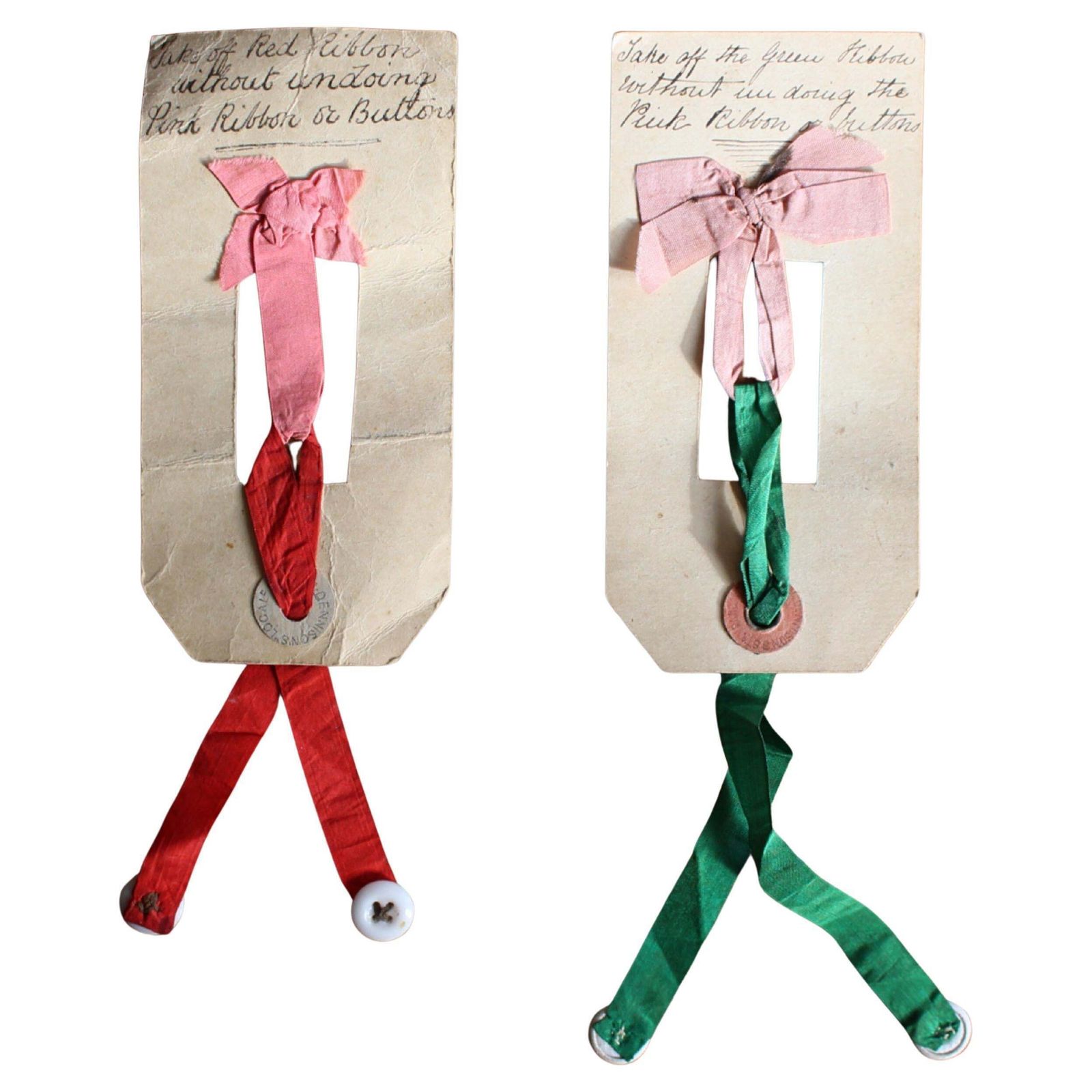 Early 20th Century Pair Of Ribbon & Button Puzzles Parlour Game