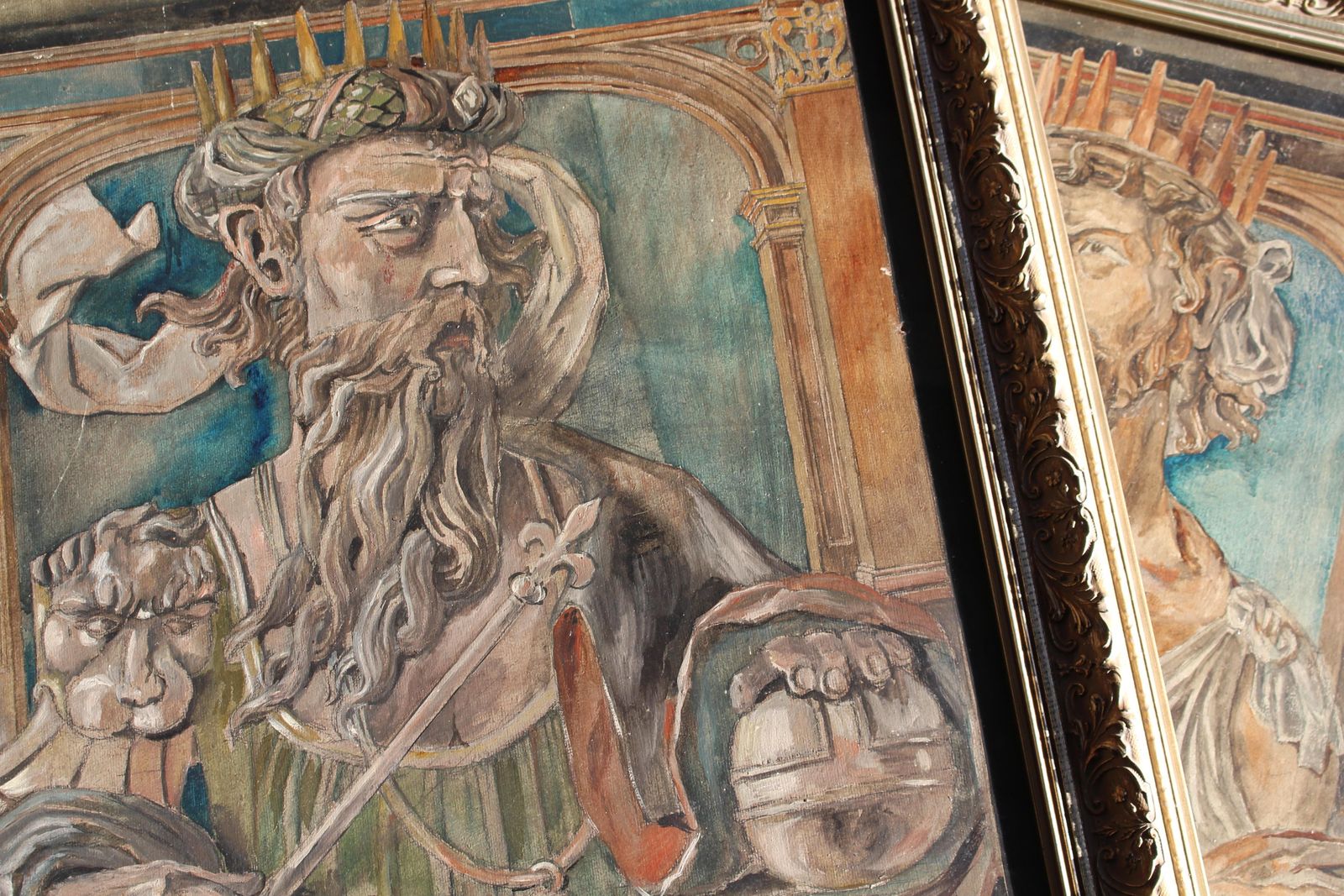 Five Mid 20th C Fairground Oil On Board Mythical Folk Art Portraits Of Kings photo furniture