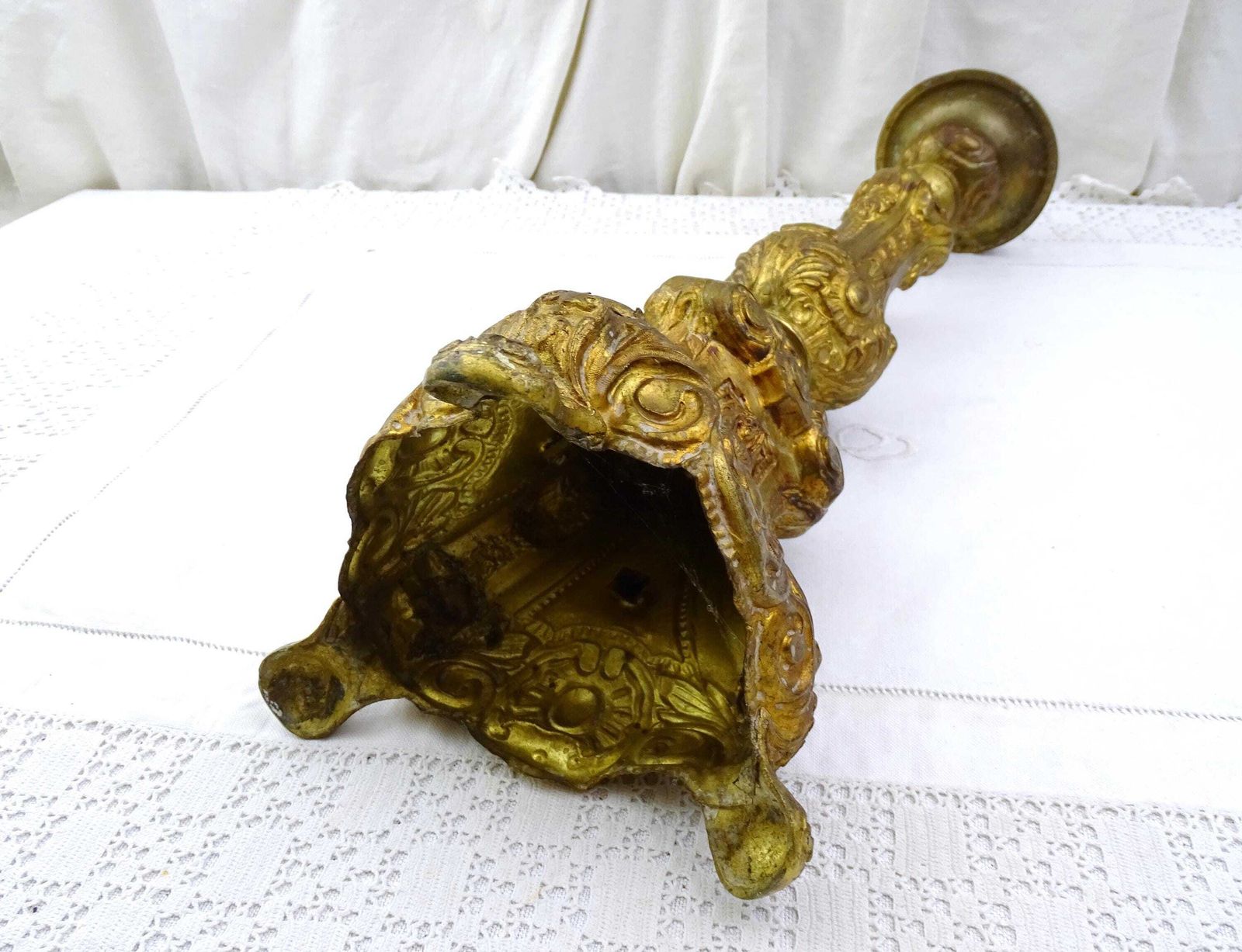 Large Tall Antique French 18th Century Church Liturgical Candle Holder Gilded Pressed Brass Metal, Vintage Catholic Religious Candlestick photo Home Decor