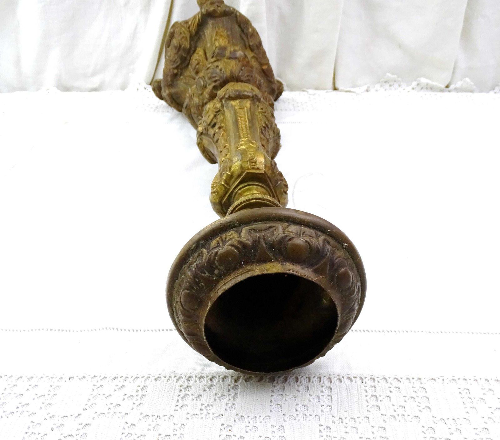 Large Tall Antique French 18th Century Church Liturgical Candle Holder Gilded Pressed Brass Metal, Vintage Catholic Religious Candlestick photo 199.0