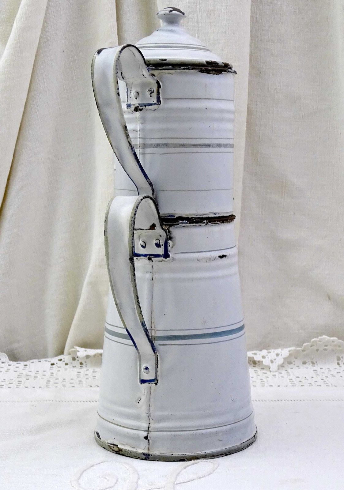 Small Antique French White Enamelware Complete Coffee Pot, 19th Century Early Enamel Pour Over Coffee Maker From France, Farmhouse Decor photo for sale