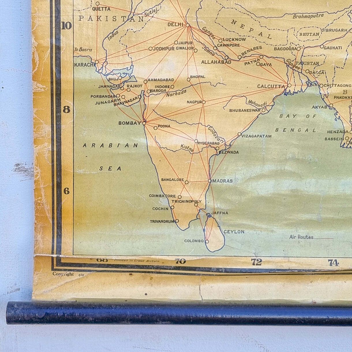 Vintage Wall Map Of India, Pakistan, Ceylon And Burma In 1950 photo for sale