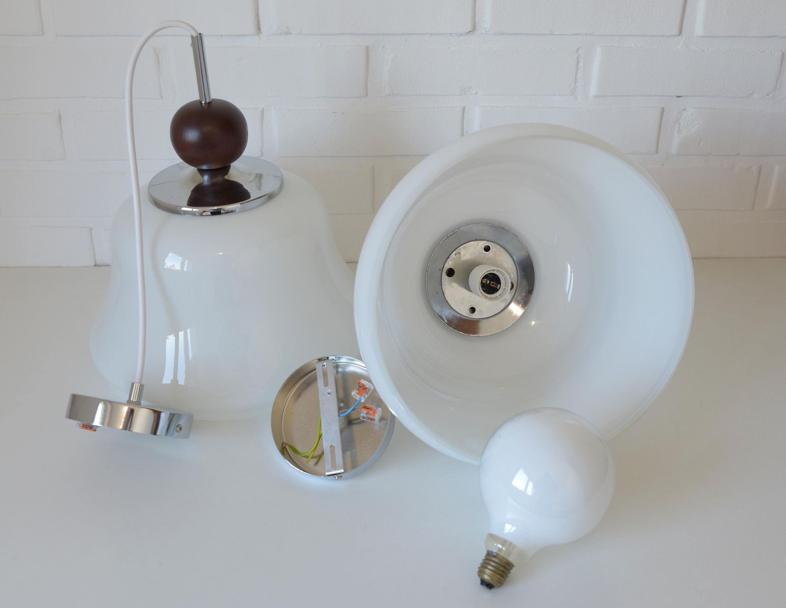 1 Of 2 Vintage White Pendant Light / Mcm Hanging Lamps / Bell Shape Opaline Glass Light Fixture / Yugoslavia 1970 Lighting / Ceiling Light photo buy