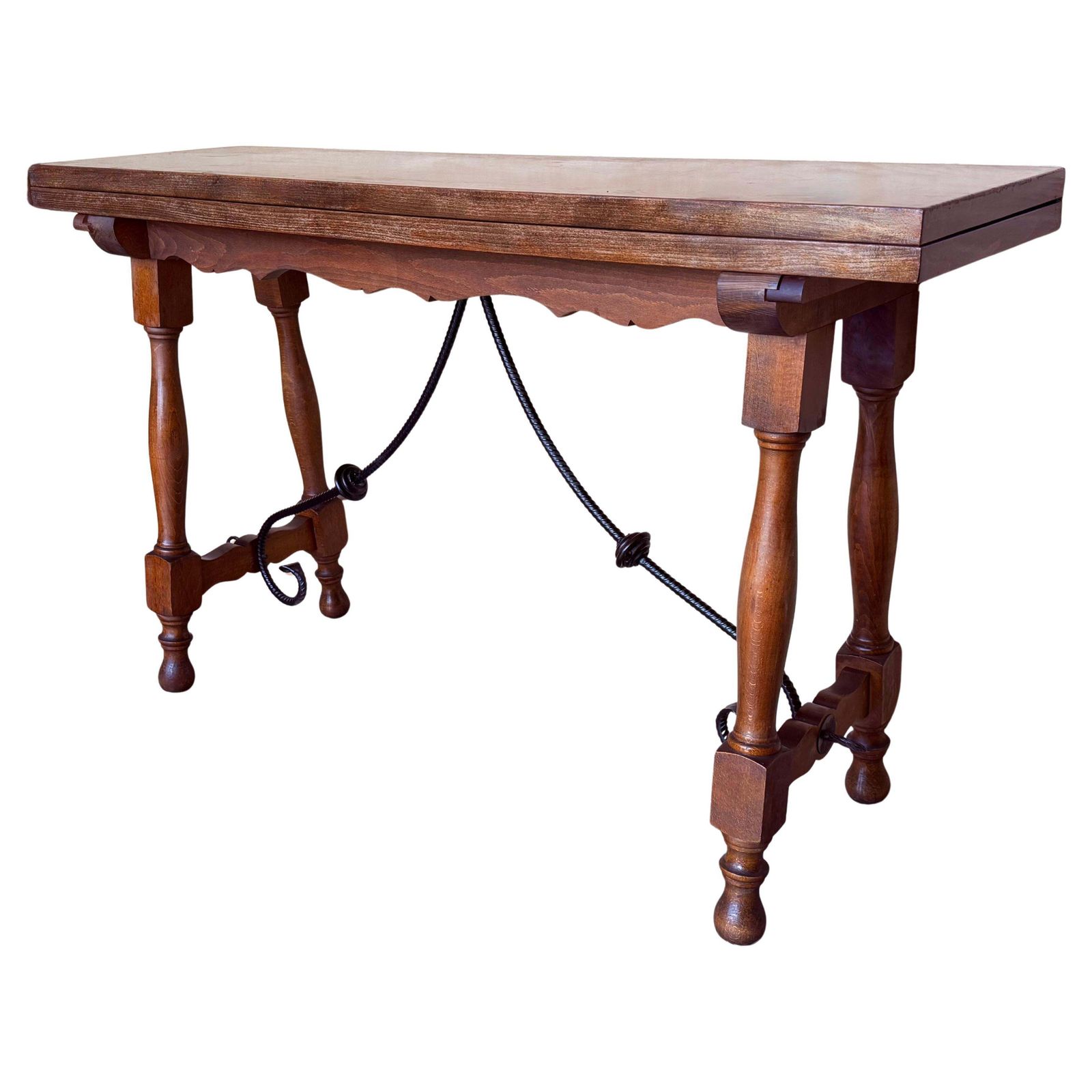 20th Century Spanish Console Fold Out Farm Table With Wood Stretcher