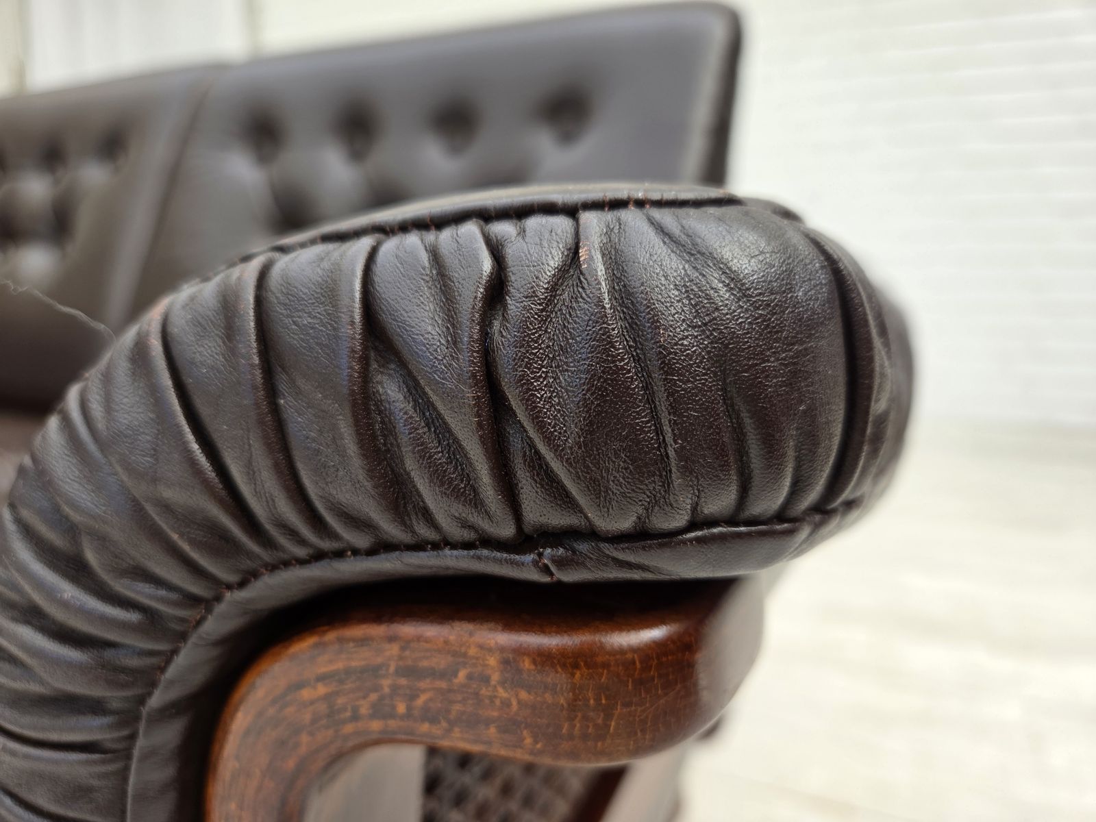 1970s, Scandinavian 3 Seater Sofa, Furniture Leather, Teak Wood Legs, Bent Wood. photo Furniture