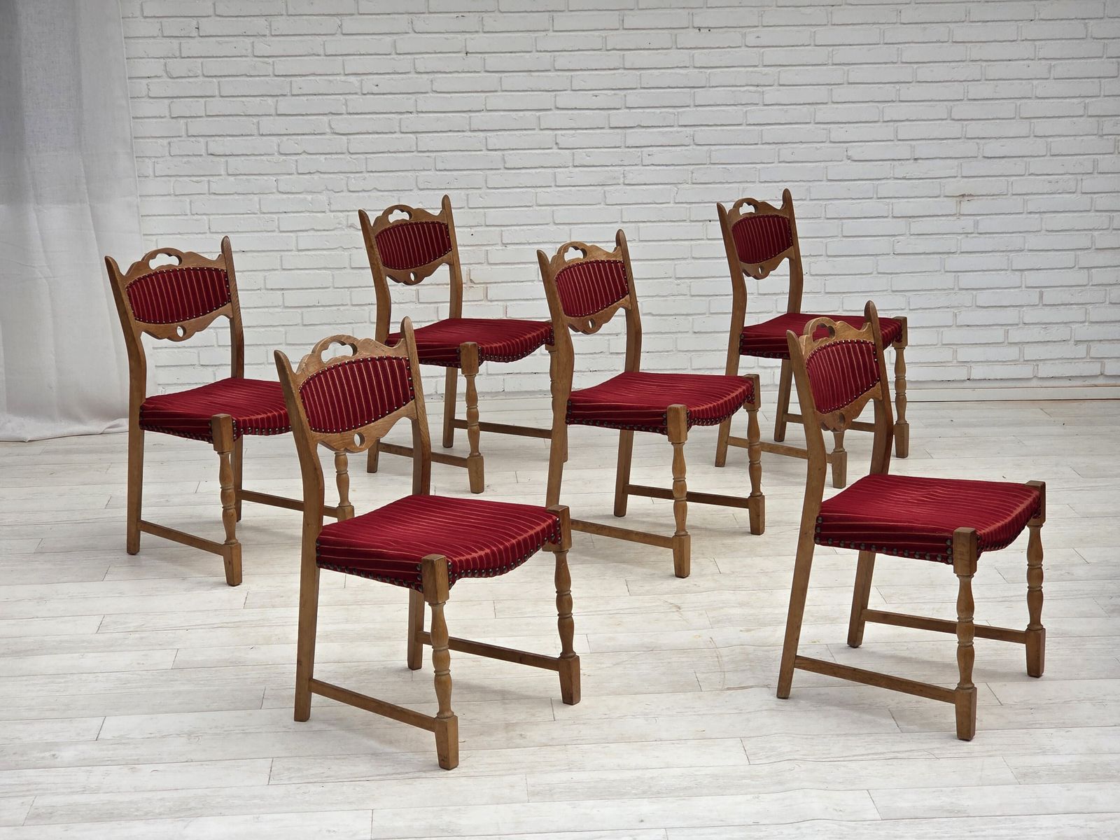 1970s, Set Of 6 Danish Dining Chairs, Original Condition, Oak Wood, Furniture Wool. photo Furniture