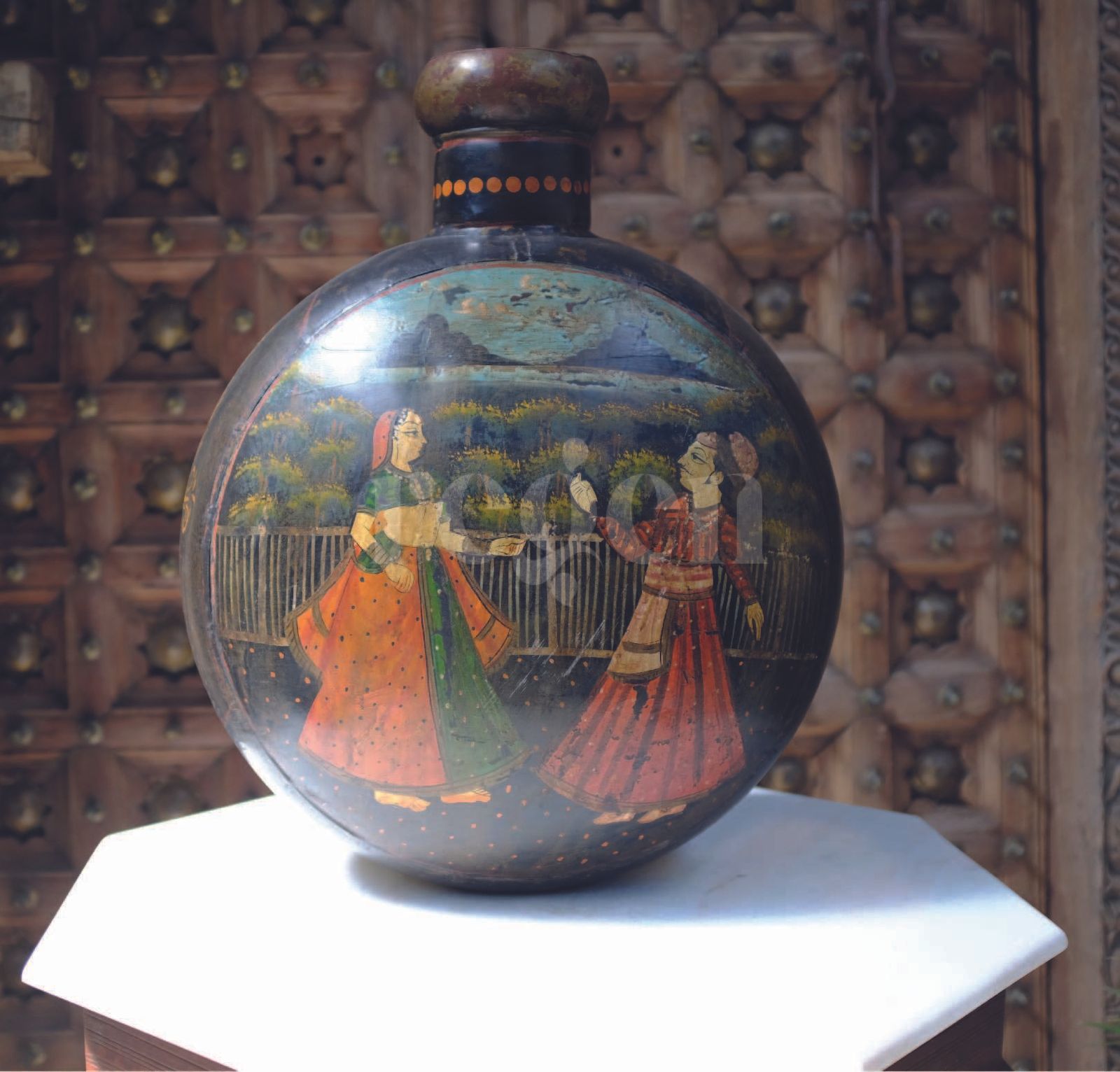 Antique 17th Century Indian Hand Painted Iron Water Vessel – Mughal Era Art With Jodha Akbar Scene photo 695.0