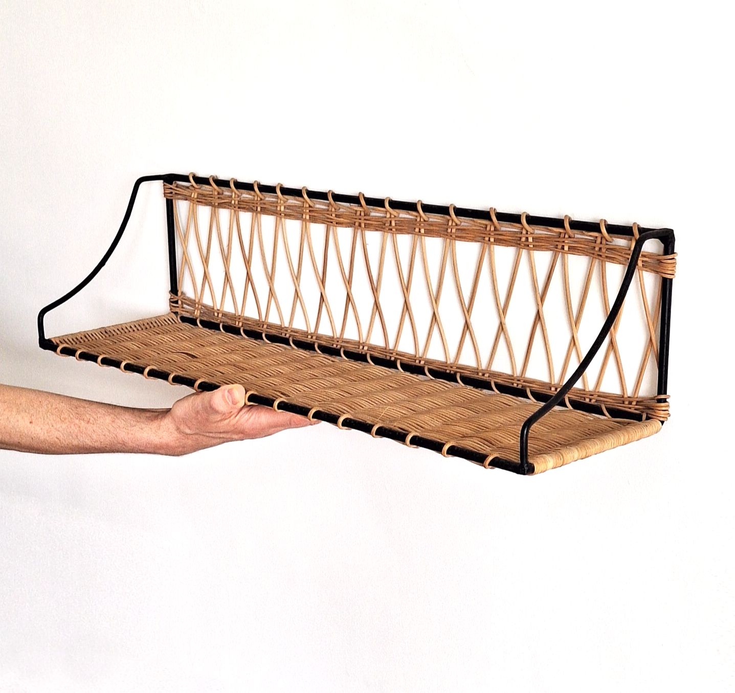 Mid Century French Wicker & Iron Shelf, Attd To Raoul Guy