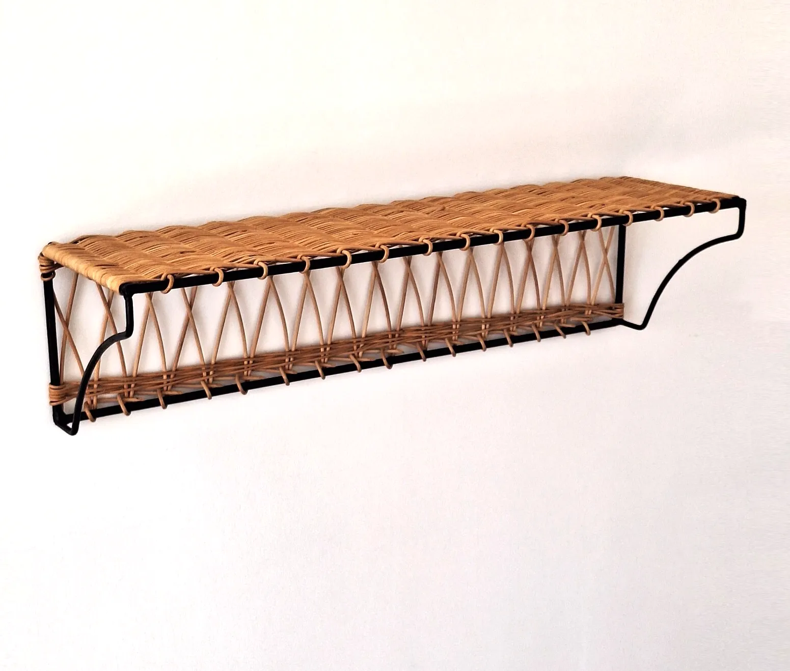 Mid Century French Wicker & Iron Shelf, Attd To Raoul Guy photo furniture