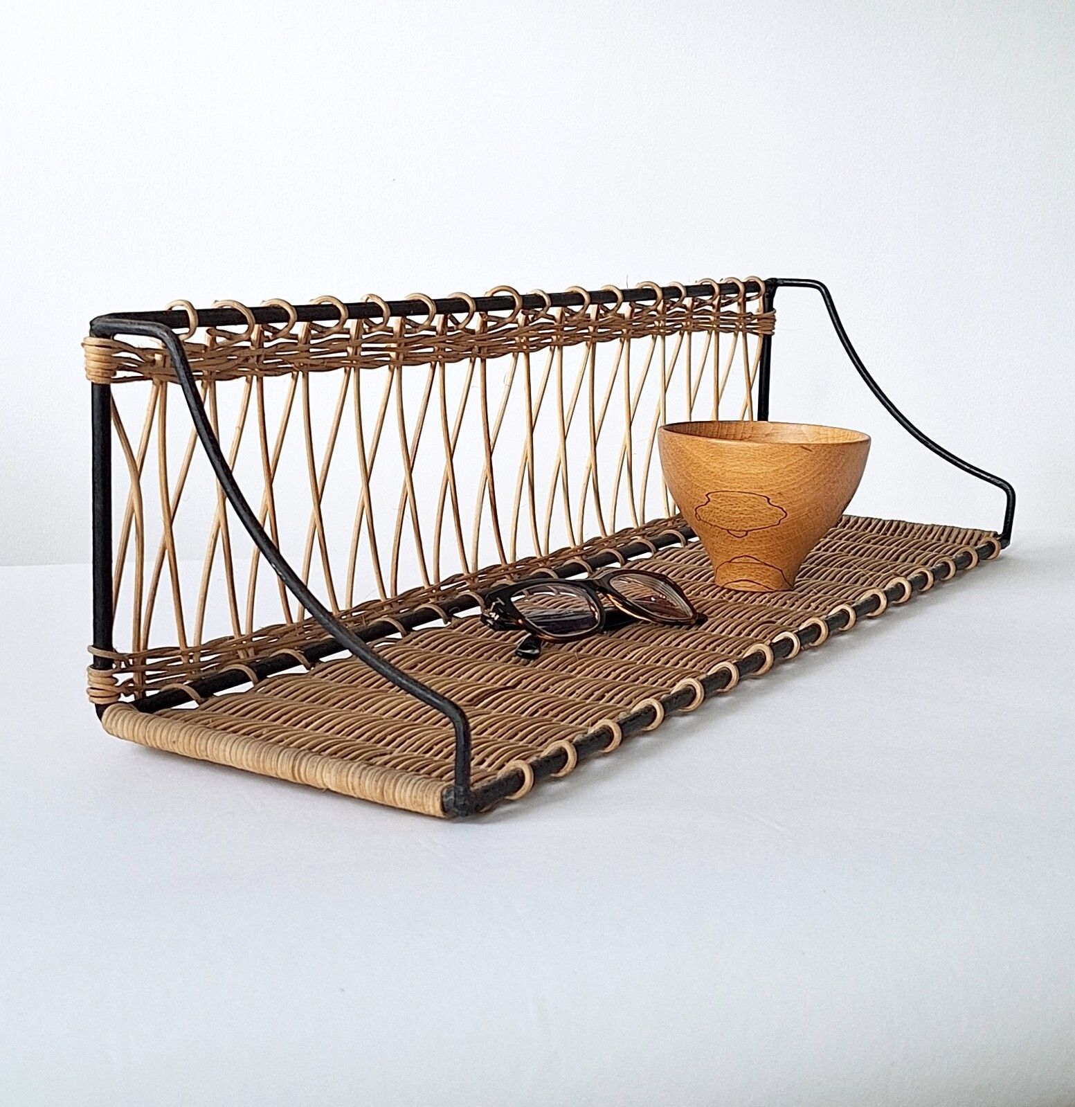 Mid Century French Wicker & Iron Shelf, Attd To Raoul Guy photo for sale