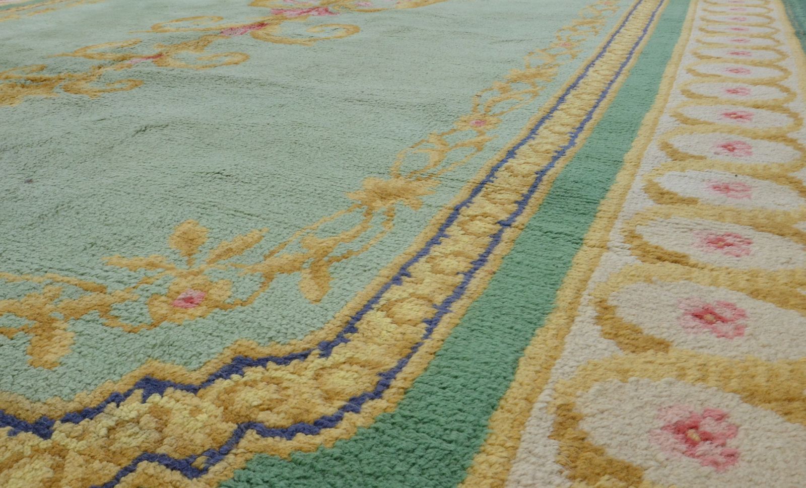 Vintage Spanish Carpet – Deep Green With Cream & Gold Medallion, Large Handwoven Rug 639x295cm photo for sale