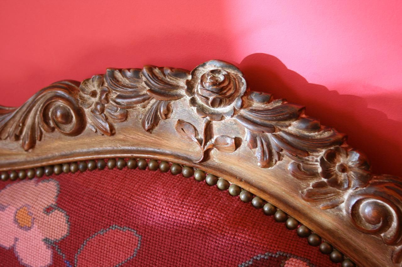 French XVIII Sofa With Carved Wooden Frame And 1950s Needlepoint Upholstery (Front And Back) photo vinterior