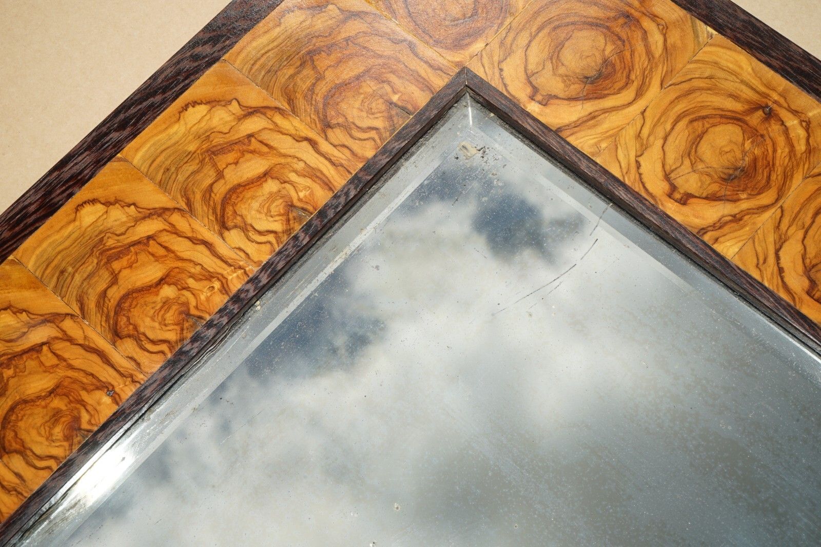 photo furniture Exquisite Bevelled Edge Oyster Laburnum Wood Wall Mirror Sublime Patina