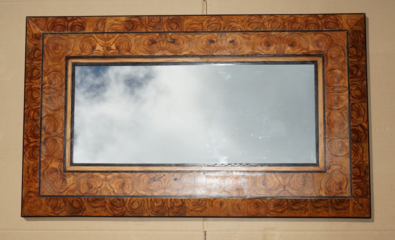 Large Exquisite Cushion Framed Oyster Laburnum Wood Wall Mirror Sublime Patina