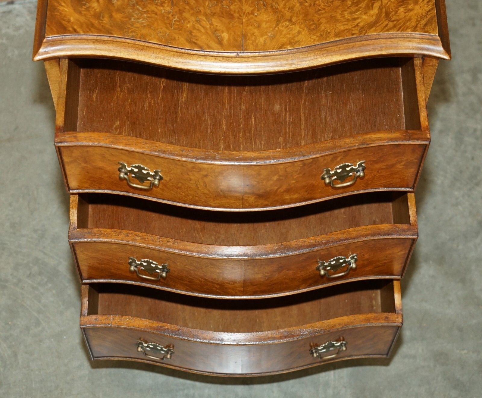 photo buy Vintage Burr Walnut Serpentine Fronted Nightstand Side Table Chest Of Drawers