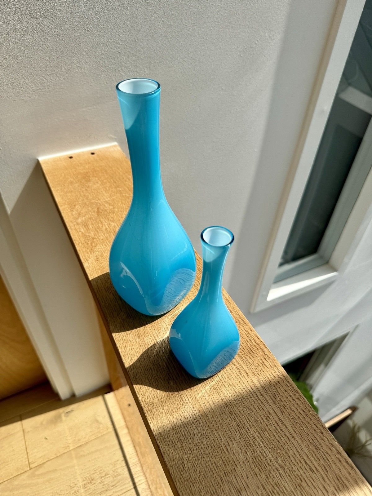 2 Turquoise Cased Glass Vases By Ekenas Glasbruk Sweden Scandinavian Vintage photo vintage