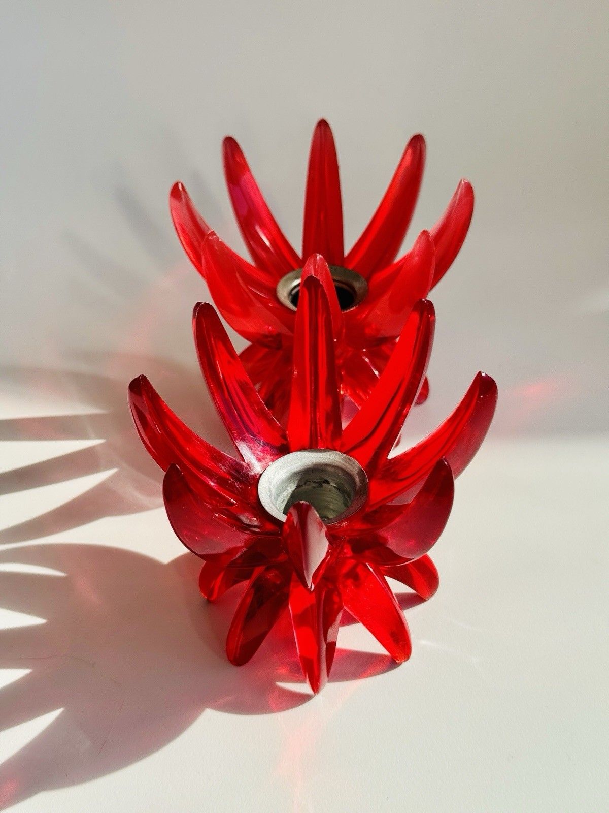 2 Red Lucite 1960’s Friedel Ges Gesch Lotus Candlesticks Germany Space Age photo 50.0